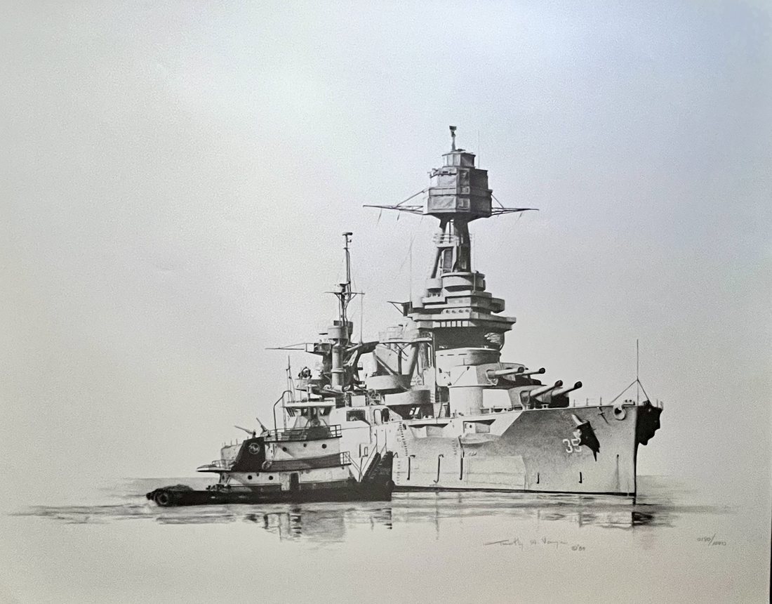 Pencil drawing of the towboat Creole Julie made up alongside the battleship USS Texas, BB-35